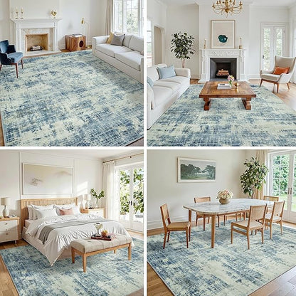 9x12 Area Rugs for Living Room Washable Rug: Anti-Skid Abstract Modern Living Room Rug Soft Thin Carpets Indoor Floor Non-Shedding Carpet for Bedroom Dining Farmhouse Nursery Blue Gray Gold