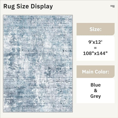 9x12 Area Rugs for Living Room, Abstract Non Slip Machine Washable Vintage Rugs, Low Pile Lightweight Large Rug for Bedroom, Dining Room, Home Office Blue