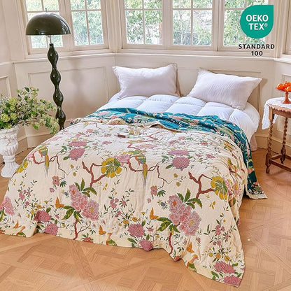 MSGKV The Boho Layer: 50"x60" Cotton Throw Blanket – Lightweight & Reversible Chinoiserie Floral & Bird Pattern, Spring Decorative Accent for Couch Snuggles, Bed Layers & Road Trips