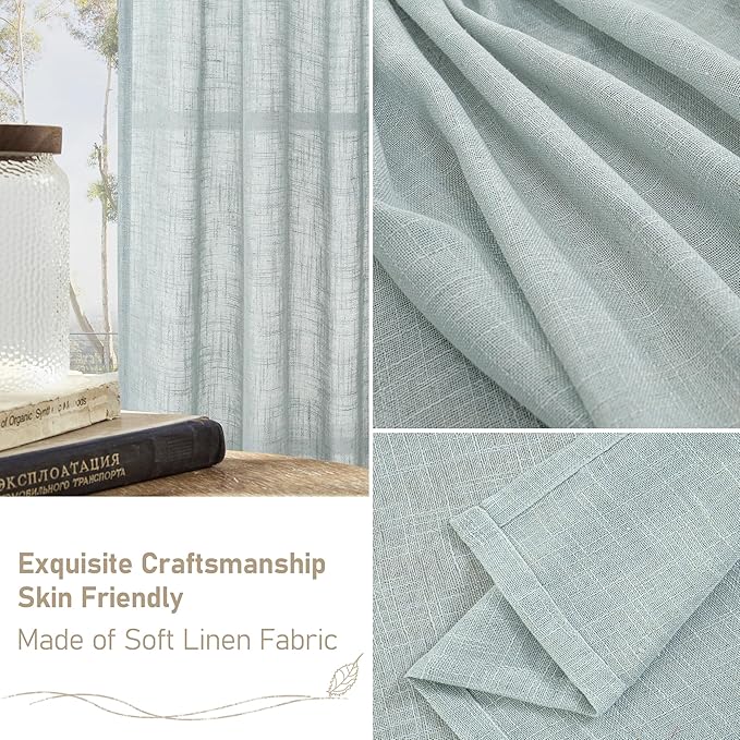 LAMIT Greyish Blue Linen Short Curtains 30 Inch Length, Semi Sheer Light Filtering Window Panels Back Tab and Rod Pocket Drapes for Basement/Small Windows, 25 x 30 Inch, 2 Panels