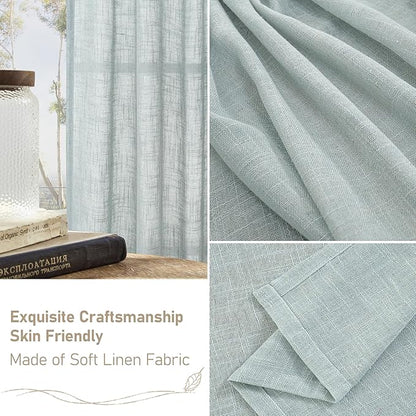 LAMIT Semi Sheer Linen Curtains 48 Inch Length, Light Filtering Panels Back Tab and Rod Pocket Neutral Drapes for Kitchen/Window/Loft Room, Greyish Blue, 2 Panels, 34 x 48 Inch