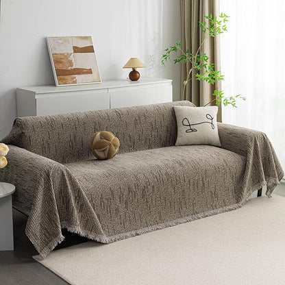 MYSKY HOME Boho Couch Cover Sand Sofa Covers with Tassel Farmhouse Sofa Slipcover Simple Couch Protector for Dogs Chenille Sectional Couch Covers L Shaped Couch Cushion Covers, 71"x 134"