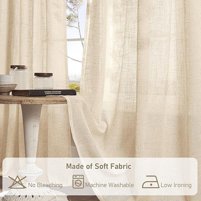 LAMIT Small Window Linen Curtains 45 Inches Long, Semi Sheer Light Filtering Panels Back Tab and Rod Pocket Cafe Drapes for Basement/Window/Kitchen, Linen, 2 Panels, 34 x 45 Inch