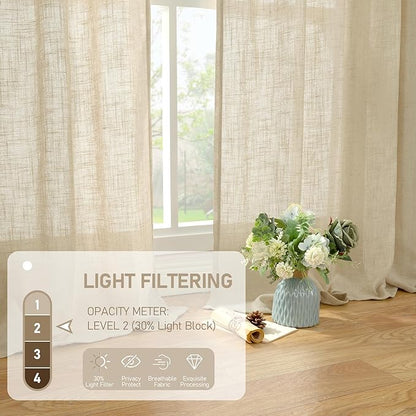 LAMIT Small Window Linen Curtains 45 Inches Long, Semi Sheer Light Filtering Panels Back Tab and Rod Pocket Cafe Drapes for Basement/Window/Kitchen, Linen, 2 Panels, 34 x 45 Inch