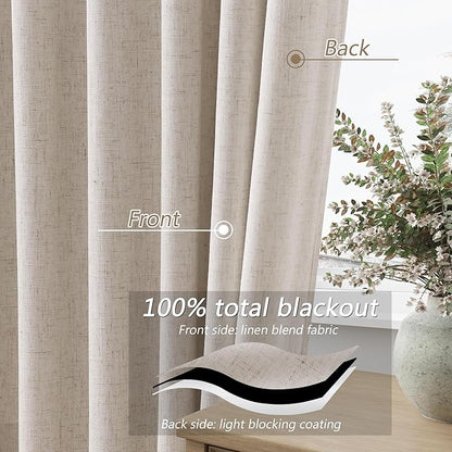 Guken 100% Blackout Curtains 96 Inch Length 2 Panels Set for Living Room Bedroom Back Tab Thermal Insulated Black Out Linen Drapes Room Darkening Window Curtains 96 Inches Long,Sand Beige