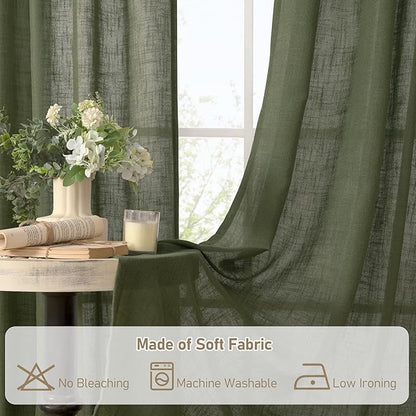 LAMIT Semi Sheer Window Linen Curtains 54 Inch Length, Light Filtering Panels Back Tab and Rod Pocket Christmas Drapes for Bedroom/Living Room, Olive Green, 2 Panels, 34 x 54 Inch