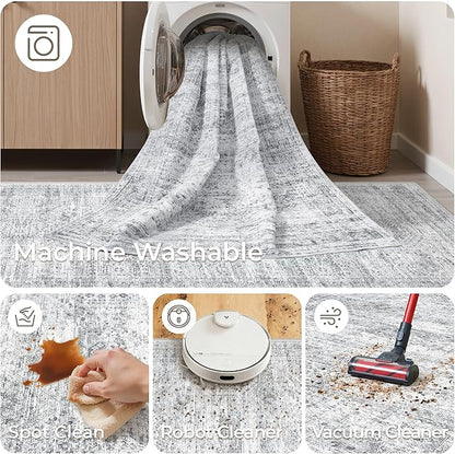 Washable Runner Rugs for Bedroom - 2x6 Runner Rug Non Slip, Ultra-Thin Entryway Runner, Soft Abstract Kitchen Runner for Hallway, Laundry, Bathroom, Indoor Door Mat(2'x6', Grey/Ivory)