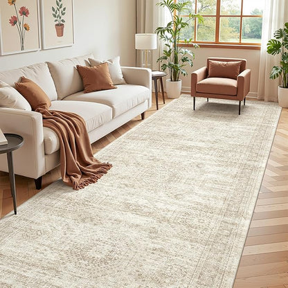 4x12 Runner Rug for Hallway, Low-Pile Wide Runner for Entryway, Long Washable Non-Slip Kitchen Rug, Soft Modern Home Decor Mat for Living, Laundry Room(4'x12', Beige/Ivory)