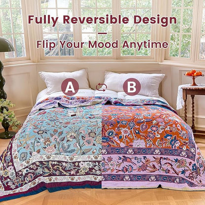 MSGKV Boho Throw Blanket for Couch 50"x60" 100% Cotton Sofa Floral Bird Blanket Spring Breathable Lightweight Muslin Home Decorative Blankets