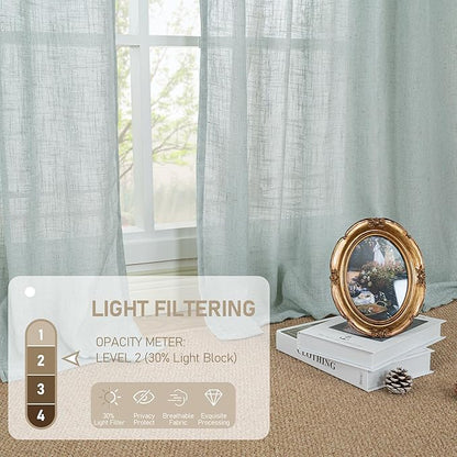 LAMIT Greyish Blue Linen Short Curtains 30 Inch Length, Semi Sheer Light Filtering Window Panels Back Tab and Rod Pocket Drapes for Basement/Small Windows, 25 x 30 Inch, 2 Panels