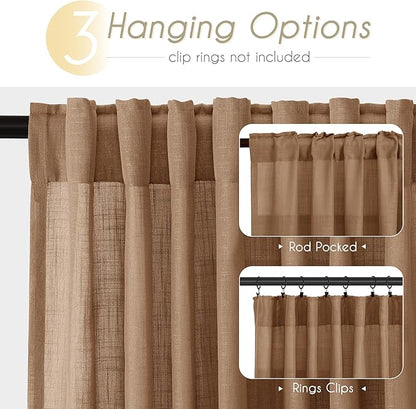 Brown Curtains for Living Room Back Tab Modern Farmhouse Semi Sheer Curtains 108 inches Long 2 Panels Set Muted Neutral Window Curtain for Dining Room Bedroom 52x108