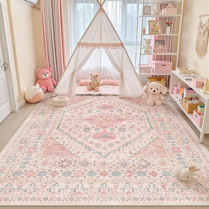 zesthome 8x12 Area Rugs for Girls Bedroom, Low Pile Machine Washable Rugs, Vintage Large Pink Rugs, Stain Resistant Nursery Room Rug, Baby Crawling Rug (Pink/Blue,8'x12')