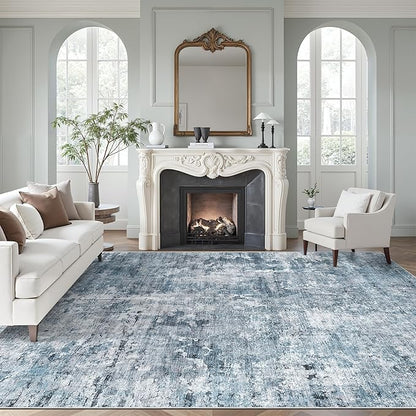 9x12 Area Rugs for Living Room, Abstract Non Slip Machine Washable Vintage Rugs, Low Pile Lightweight Large Rug for Bedroom, Dining Room, Home Office Blue