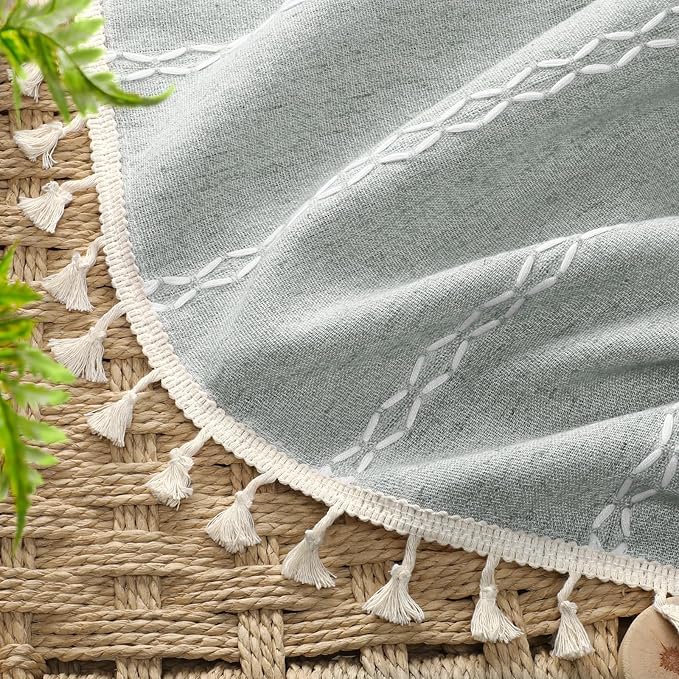 Teal Boho Blackout Curtains 90 Inches Long Light Green Linen Blend 2 Panels with Tassels and Cotton Embroidery, Farmhouse Vintage Rustic Rod Pocket Drapes for Living Room or Bedroom