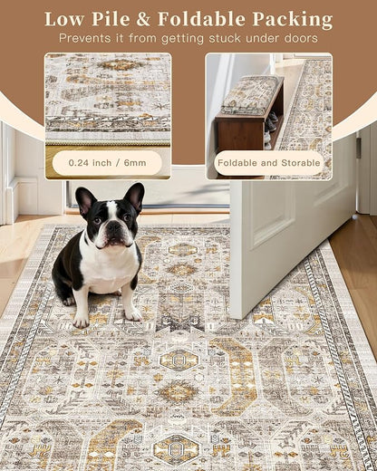 Madane 3x20 Hallway Runner Rug - Extra Long Carpet Runners for Hallways 20ft Non Slip Stain Resistant Rugs Runner for Living Room Bedroom 20 Feet Distressed Floor Carpet for Kitchen, Brown/Gold