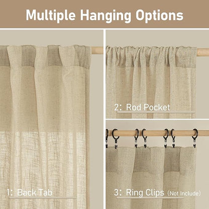 LAMIT Small Window Linen Curtains 45 Inches Long, Semi Sheer Light Filtering Panels Back Tab and Rod Pocket Cafe Drapes for Basement/Window/Kitchen, Linen, 2 Panels, 34 x 45 Inch
