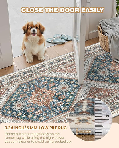 3x5 Washable Area Rug for Entryway, Kitchen Rugs Non Slip for Dining Room, Vintage Floral Soft Living Room Rug, Thin Area Rug Indoor for Bedroom, Kids Room Decor(Blue/Red,3'x5')